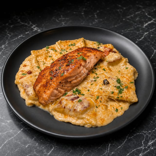 Yaki Glazed Salmon Over Cajun Cheese Raviloi.